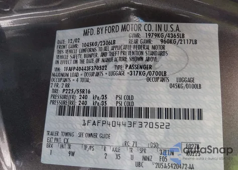 2003 Ford Mustang from USA, damaged, VIN 1FAFP40443F370522